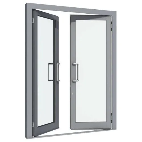 Porta a vetri grigia aperta su entrambi i lati.
